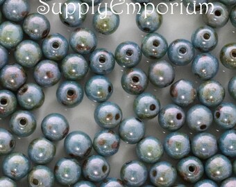 4mm Chalk White Blue Czech Glass Druk Round Beads, 100 Beads, Blue Luster 4mm Druk Beads, 3871, Chalk White Blue Luster Druk Round 4mm Beads