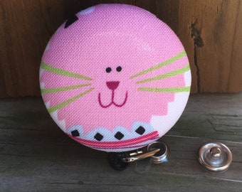 Name badge fabric covered badge reels pink kitty design nurse name badge