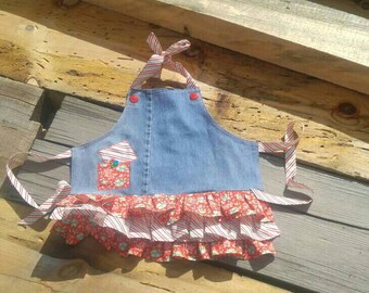 Denim/flowers/stripes/apron/girl/pockets/ruffles/toddler/handmade/buttons/red