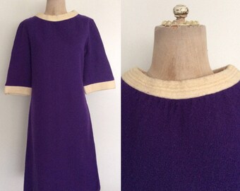 1970's Purple Wool Shift Dress Mod Retro Vintage Dress Size Medium Large by Maeberry Vintage