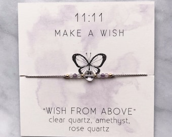 A WISH FROM ABOVE - 11:11 Wish String bracelet with faceted Clear quartz, Amethyst, and Rose Quartz