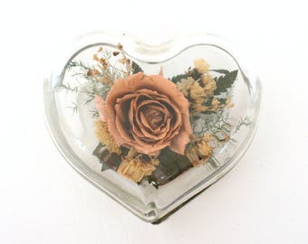 Vintage Freeze Dried Rose Display in Clear Glass Heart Shaped Box by Natural Expressions