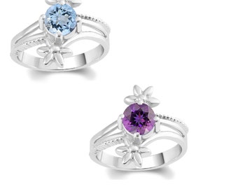Sterling Silver Aquamarine or Amethyst Solitaire Flower Ring