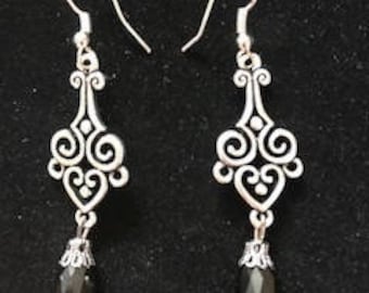 Silver and Black Tear Drop Bead Dangle Earrings