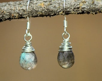 Silver Plated Wire Wrapped Faceted Labradorite Drop Earrings