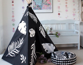Teepee Tent | MIDI size | Black with Applique Leaves