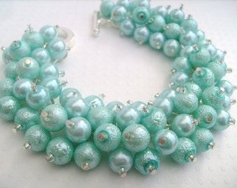 Mint Green Pearl Beaded Bracelet, Cluster Bracelet, Chunky Bracelet, Bridesmaid Gift - Handmade Designs By Kim Smith