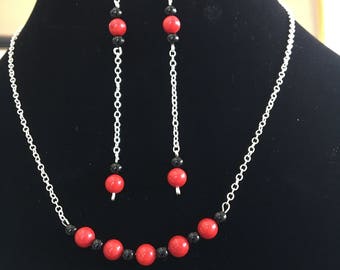 Red coral, black onyx jewelry set