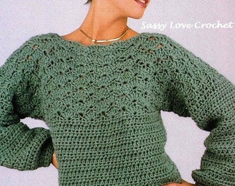 Crochet Shell Yoke Pullover Sweater Pattern, Oversized Womens Crochet Pattern, Size 9 mm crochet hook used - PDF Download