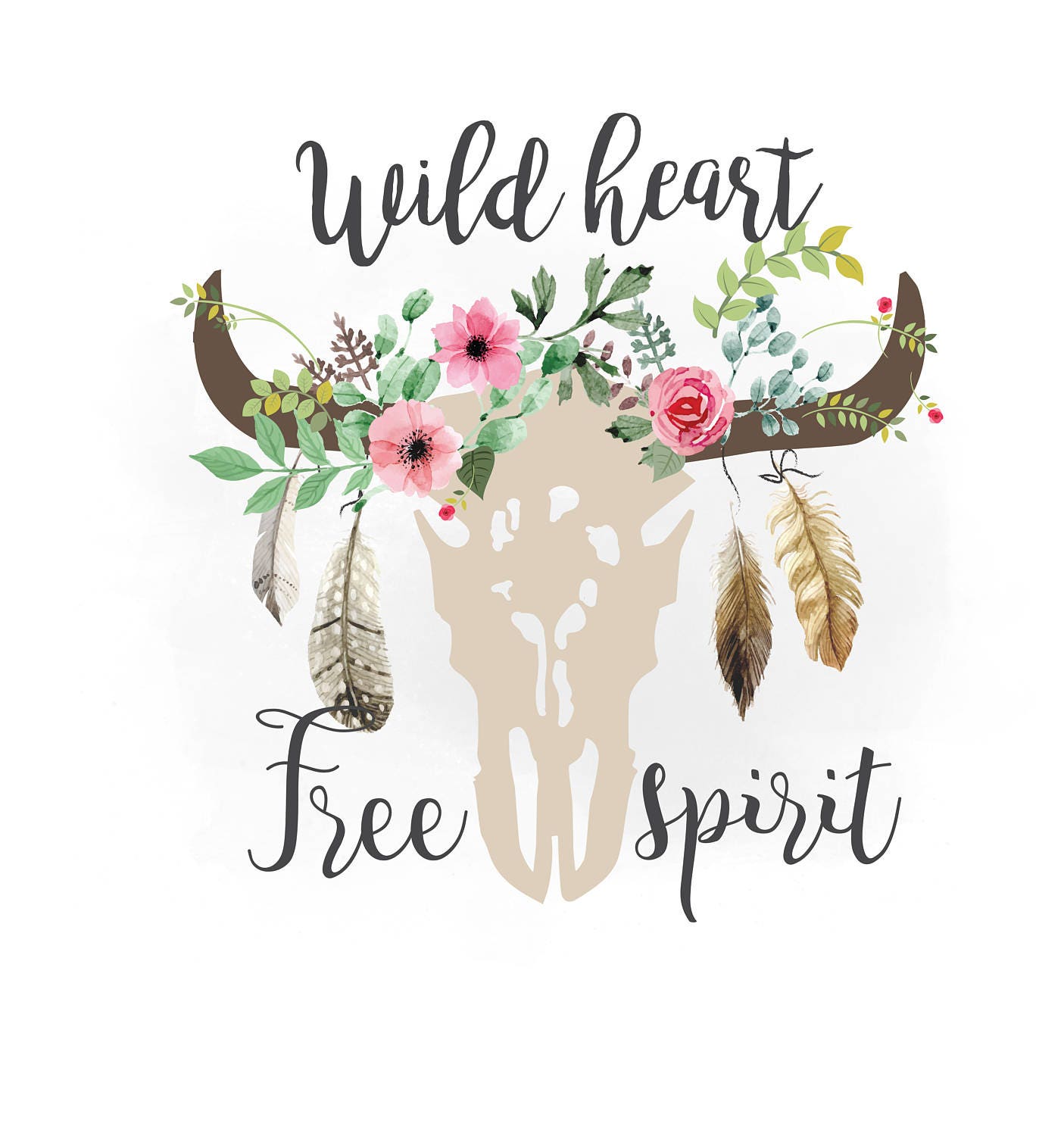 Wild heart Free spirit svg clipart Boho floral cow Skull