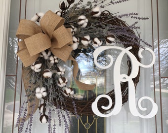 Farmhouse Wreaths for Front Door Spring Wreath Monogram Wreath Cotton Wreath Summer Wreath Rustic Wreath Year Round Wreath Mothers Day Gift