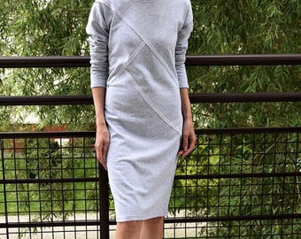 FOG - 100% cotton dress with stitching / midi dress / vintage dress / simple dress / unique dress / grey dress / dresses with sleeves
