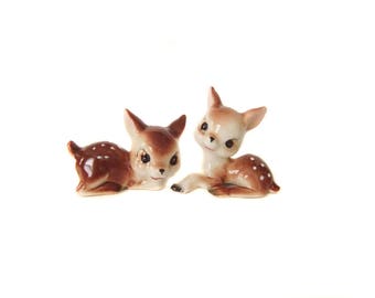 Little Deer Salt and Pepper Shakers, Small Vintage Deer Fawn Figurines 1960s