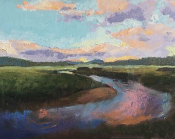 Original Sunset Landscape Painting, Western Landscape 9x12"
