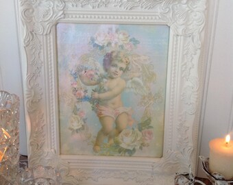 Framed cherub print, Cherub canvas print, French cherub decor, Cherub wall decor, Shabby-chic cherub decor