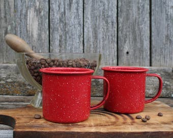 Vintage Beautiful Red Speckled Enamelware Coffee Cups/Mugs