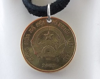 2003 Vietnamese Coin Necklace, 1000 Dong, Mens Necklace, Womens Necklace, Coin Pendant, Leather Cord
