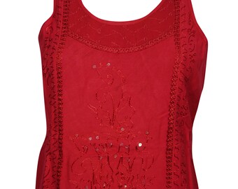 Sexy Back Red Top Sequin Work Embroidered Sleeveless Boho Style Scoop Neck Gypsy Tops