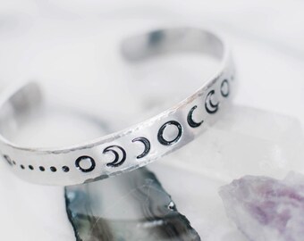 Moon phase bracelet. Moon phases. Celestial bracelet. Hand stamped gift. Moon phase cuff. Silver moon phase cuff. Celestial RTS CA035