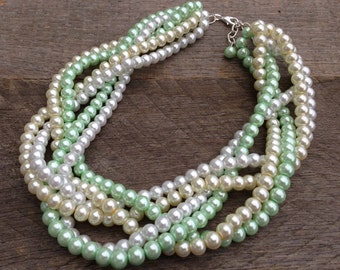 Pearl Necklace Green Ivory White Statement Bridal Necklace Six Strand Braided Cluster on Silver or Gold Chain