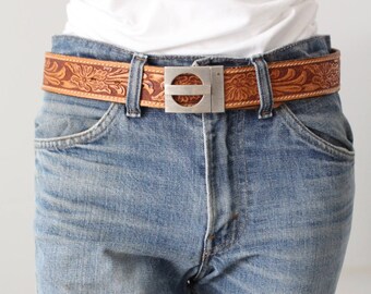 vintage 70s tooled leather belt, geometric buckle belt