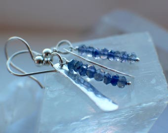 Iolite Earrings, Sterling Silver Earrings, Gemstone Earrings, Iolite Jewelry, Hammered Sterling, Gemstone Jewelry