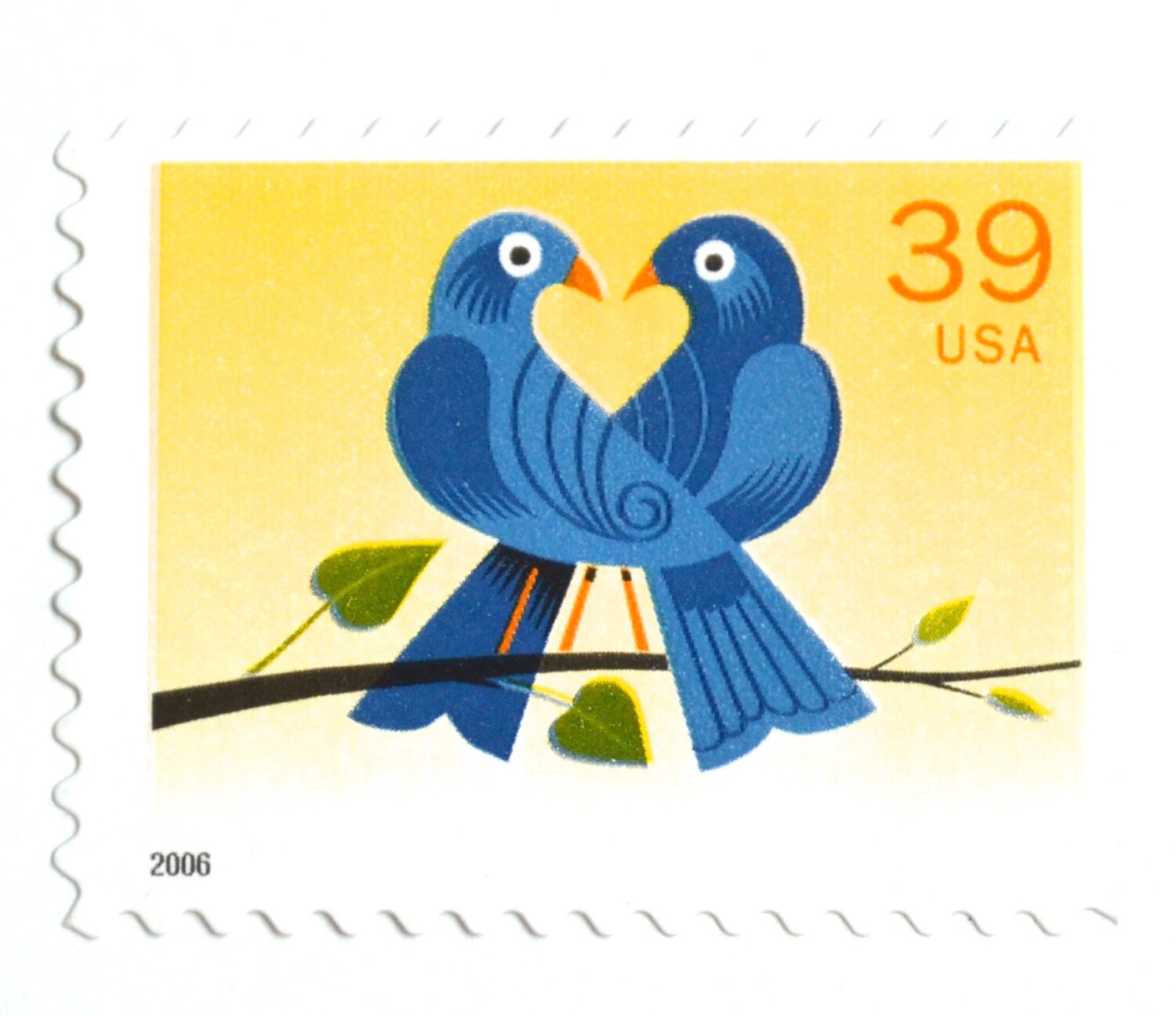 10 Unused Love Birds Postage Stamps // Blue Bird Heart Postage