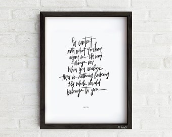 Content Art Print, Inspirational hand lettered Lao Tzu quote