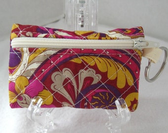 Quilted Coin Purse Paisley - Magenta Gold - Change Purse with Keychain