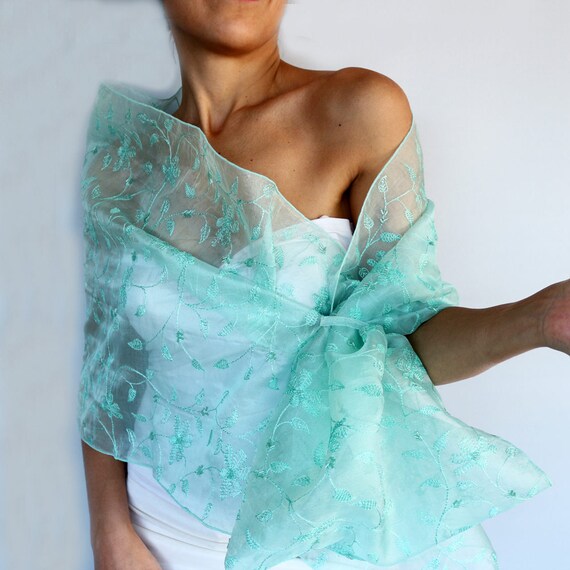 Mint Green Beaded Organza Stole Scarf Teal Acqua Shoulder
