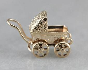 Old Fashioned Baby Carriage Charm, Gold Stroller Pendant PDZDW3F6-P