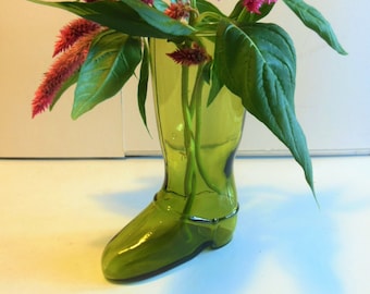Vintage Green Glass Boot Vase, 7.5" tall