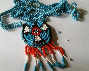 Indian Beadwork Thunderbird Medallion Necklace, old leather back, broken chain as is for bead supply
