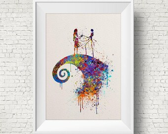 The Nightmare Before Christmas inspired, Jack and Sally, Colorful, Watercolor print,Nursery art, Kids Room Decor, Poster, print