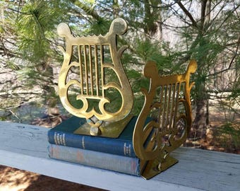 Brass Musical Lyre Harp Bookends Mid Century Home Decor