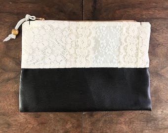 Upcycled Ivory Lace and Mocha Vegan Leather Zipper Pouch