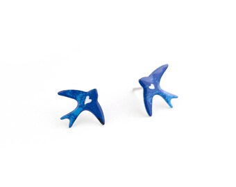 Blue swallow stud earrings earrings, Artisan Earrings, Blue Earrings, Swallow Earrings, Swallows, Swallow Jewelry, Studs, Gift under 20