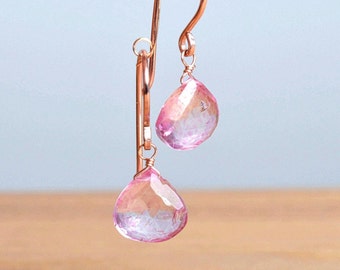 Pink Topaz Earrings, Topaz Dangle Earrings, November Birthstone Gemstone Earrings/ 14K Rose Gold Filled Sterling Silver, Gift for Daughter