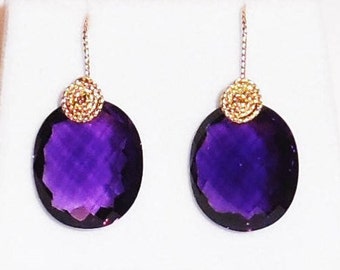 Purple Amethyst Earrings Natural 35cts Oval Checkerboard Purple Amethyst gemstones, 14kt yellow gold Pierced Earrings