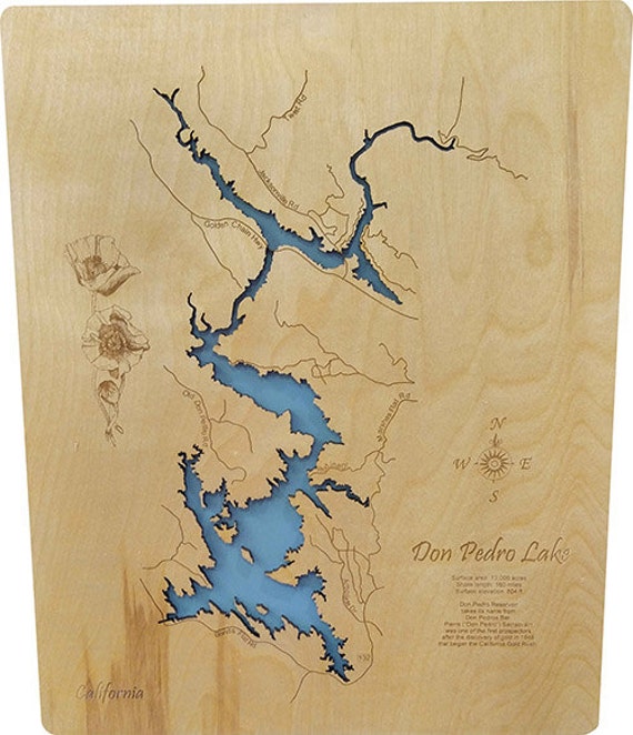 Wood Laser Cut Map of Don Pedro Lake California Topographical