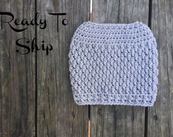 Messy Bun Textured Light Gray Silver Messy Bun Crochet Hat Beanie Women's Crochet Hat Winter Accessories Gifts For Her