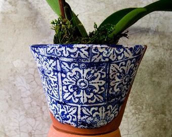 Blue and White Terra Cotta Planter with Italian Tile Design (Ready to Send)