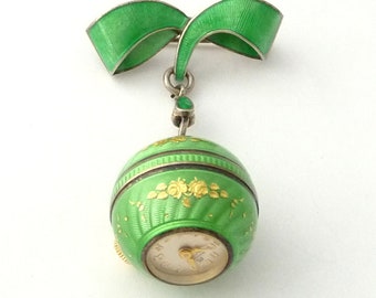 Antique Swiss Green Gold Bucherer Pendant Watch Guilloche Enamel Watch Pin Sterling Silver - Working 17 Jewels Watch Brooch Pin