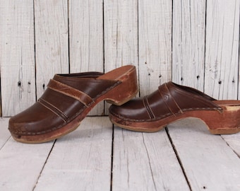70s clogs, Wooden clogs, Old clogs, Platform 70s shoes, Clogs chunky platform shoes, Genuine leather shoes - Size EU 39 / UK 5.5 / US 8