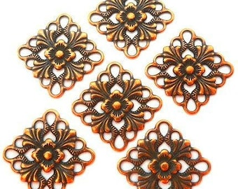15 fancy antiqued copper components, 16x16mm