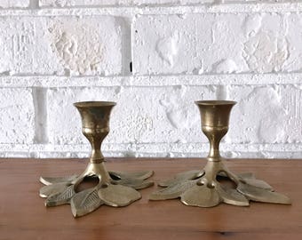 Vintage Small Brass Candlestick Holders Leaves Apples