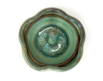Ceramic flower ring holder, Teal pottery ring dish, Ring bowl with glass accent
