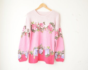 pastel floral rose print hand knit oversized loose fit sweater pullover 80s // M-L