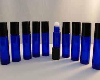 20PC Set. Real,Blue COBALT Glass 10Ml (1/3 Oz) Roll-on Roller Ball empty Bottles for essential oils w/ UV-Protection, aromatherapy NEW!