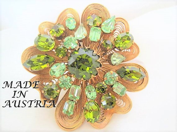 Peridot Rhinestone Brooch, Variety of Rhinestone Shapes, Signed Austria, Modernist Appeal